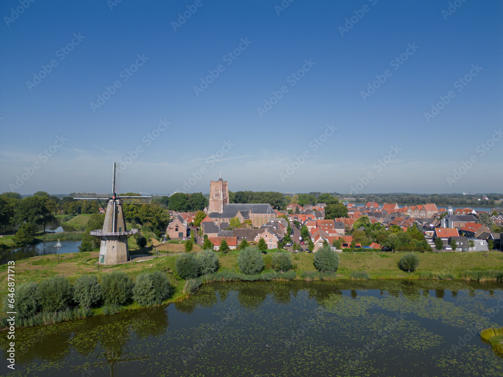 Aerial from the historical city Woudrichem at the river Merwede in the Netherlands