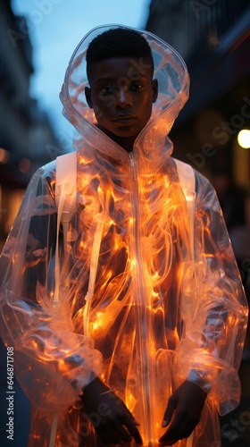 AI generated illustration of an African guy in a white coat with flames