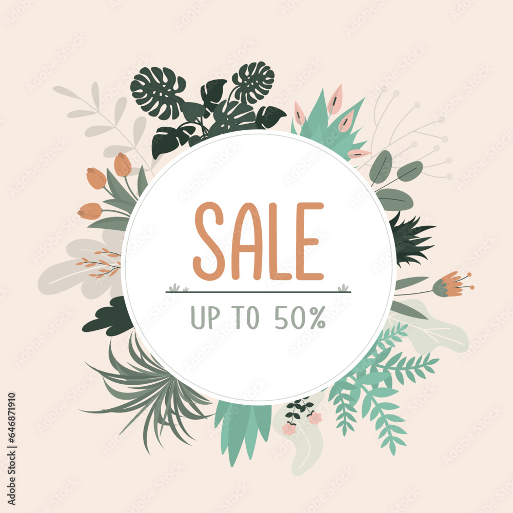 Obraz premium Summer sale background, exotic tropical leaves, lovely natural frame with home plants. Spring sale banner, design with beautiful flowers. Placard or printable poster template.