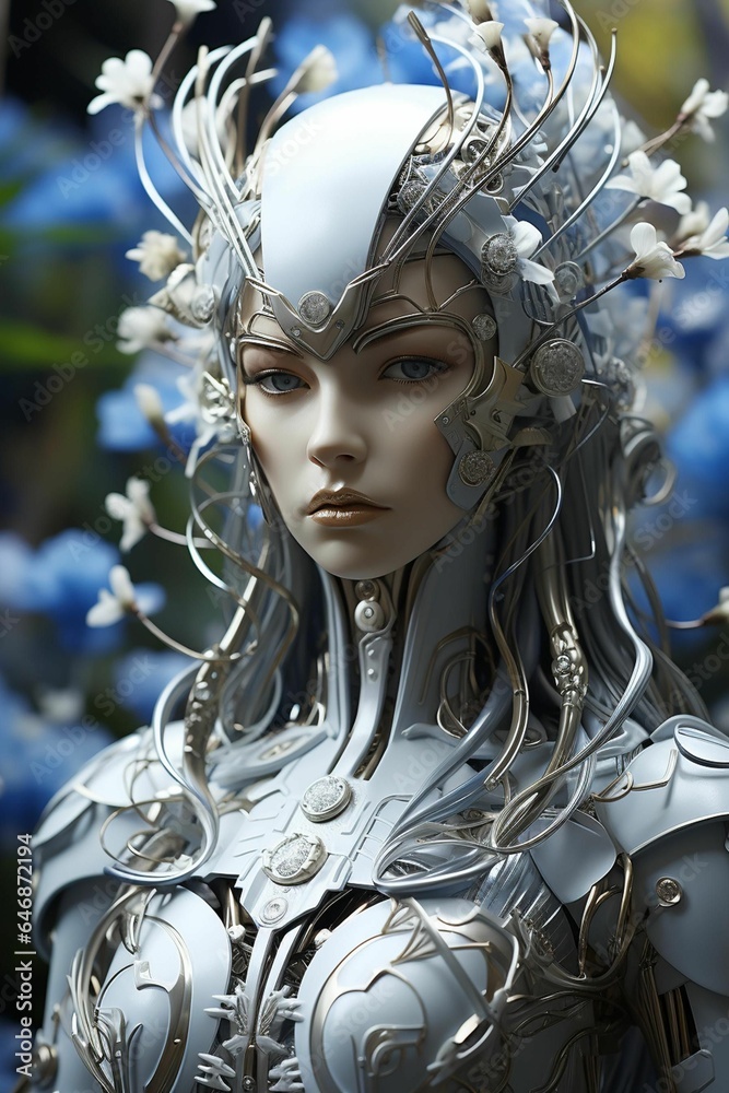 AI generated illustration of a female dressed in a white, intricate robotic costume AI generated illustration of a female dressed in a white, intricate robotic costume