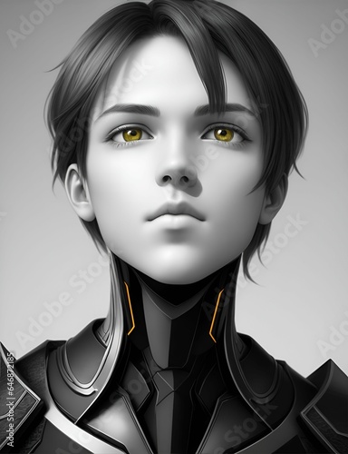 AI generated illustration of a robotic girl in grayscale with yellow eyes