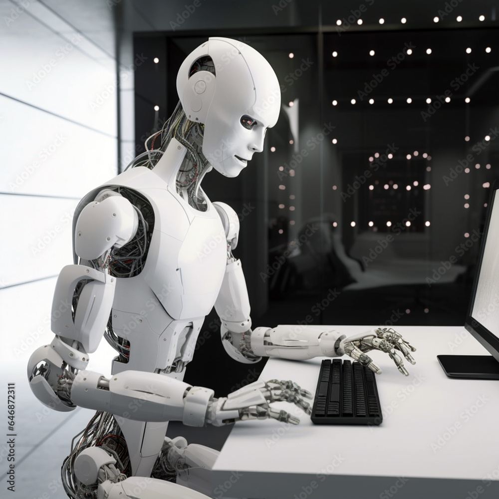 Naklejka premium The robot works on a computer. Light background. New technologies.