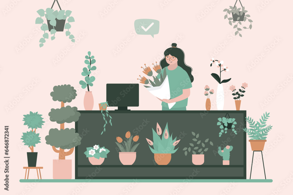 Cheerful young woman florist selling bouquets and home plants at flower shop. Female seller standing behind counter and sells plants and flowers. Gardening shop. Cheerful young woman florist selling bouquets and home plants at flower shop. Female seller standing behind counter and sells plants and flowers. Gardening shop.