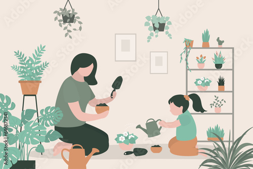 Woman gardener with daughter watering and growing houseplants. Set of plants in pots. Mom and girl cultivate flowers, home potted plants. Home plants care,