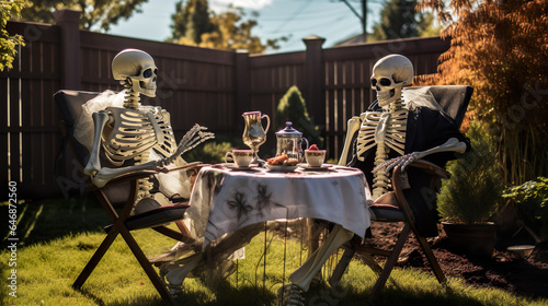Pair of skeletons having tea. Decoration of the facade of the house for the holiday of Halloween.