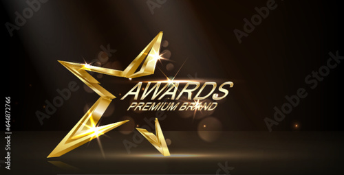 Award ceremony background and 3d gold star element and glitter light effects decorations and bokeh.