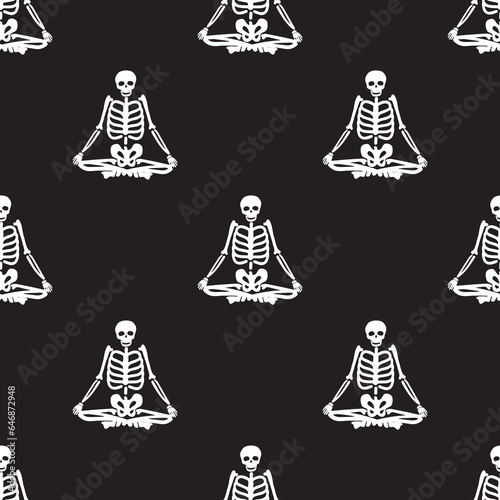 Human skeleton in yoga lotus pose, seamless pattern. Texture with meditating skeleton. Yoga relaxed asana or position. Halloween holidays element, pattern template on black background.