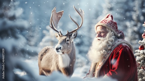 Photo of Santa Claus and a reindeer in a snowy landscape created with Generative AI technology