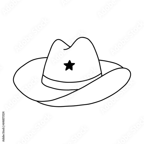 Cute hand drawn doodle of cowboy hat with outline. Sheriff hat with star in cowboy and cowgirl western theme. Simple colorful clipart with print for horse ranch and wild west style