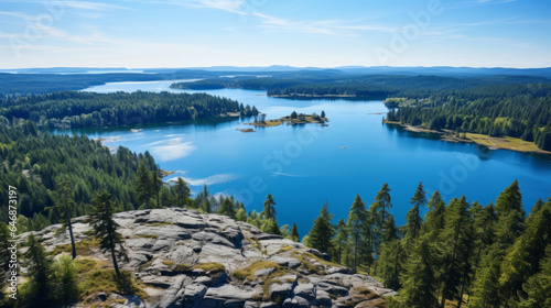 Mountain view of beautiful lake on a summer day. Forest, trees sunshine.