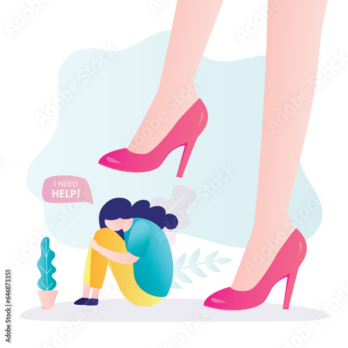 Women shoes press a young girl. Bullying at school, emotional pressure, psychological violence in family. Teacher or mother shame female teenager. Social issues, bullying, guilty concept.