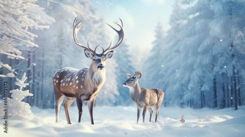 Photo of two majestic reindeer in a winter wonderland created with Generative AI technology © AI Visual Vault