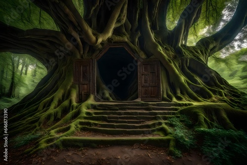 Ancient tree with a hidden door leading to an underground kingdom - AI Generative