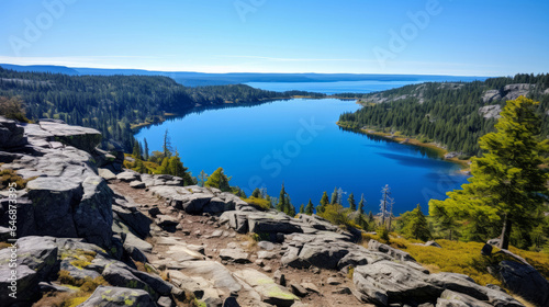 Mountain view of beautiful lake on a summer day. Forest, trees sunshine.