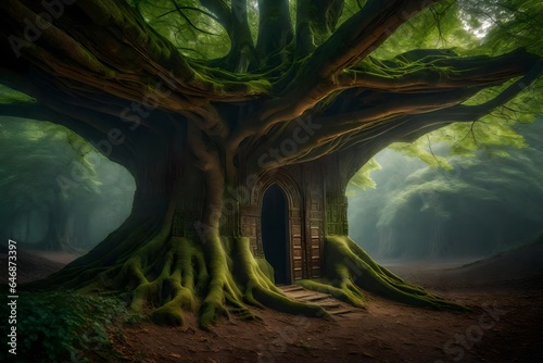 Ancient tree with a hidden door leading to an underground kingdom - AI Generative