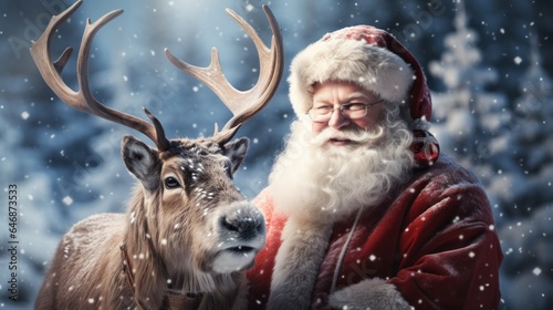 Photo of Santa Claus posing with a reindeer in a festive costume created with Generative AI technology