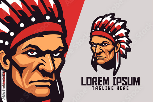 Indian template for Native American head mascot logo in Indian Warrior Sport and Esport.
