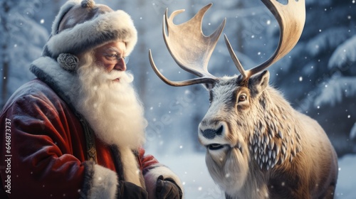 Photo of Santa Claus and a reindeer in a snowy landscape created with Generative AI technology