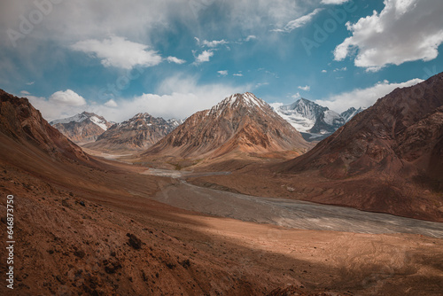 Incredible sandy, territic mountains in the highlands of the Muzkol River in the Pamir mountain range in western Tajikistan.