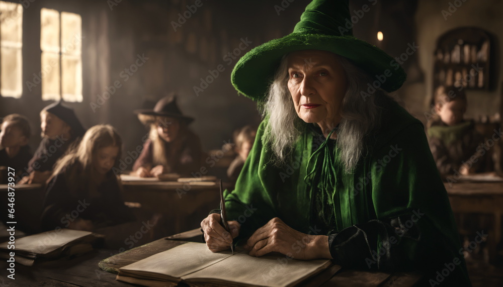 A witch in the classroom, sitting with a book - obrazy, fototapety, plakaty 