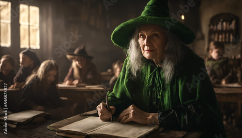 A witch in the classroom, sitting with a book