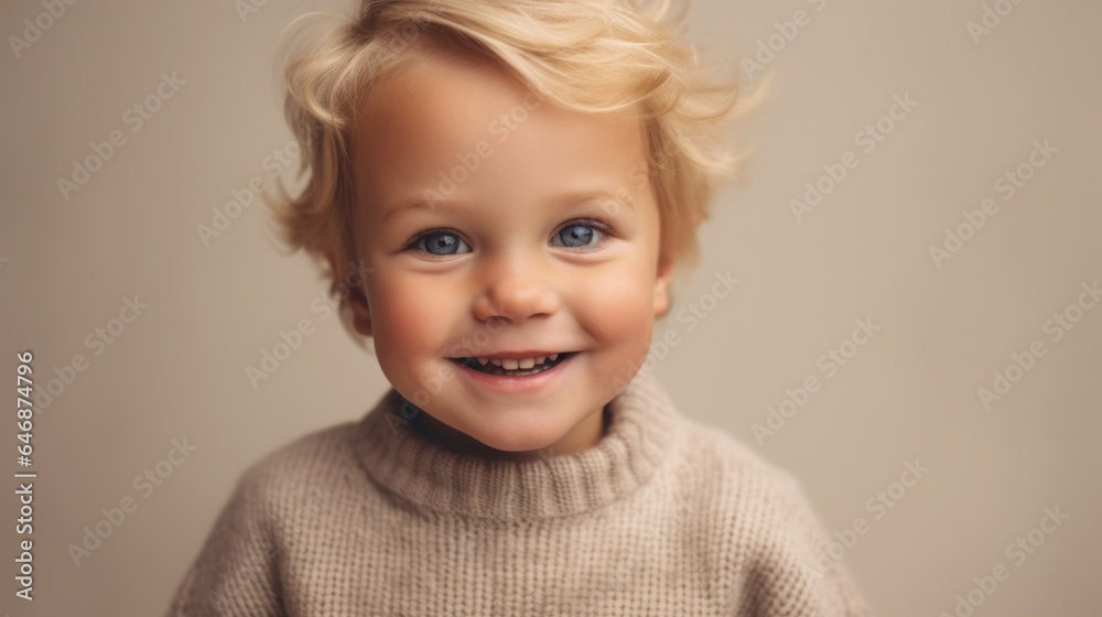 A cheerful blond toddler boy in neutral clothing, posing against a soft beige studio background, with an infectious smile aimed at the camera. Generative AI A cheerful blond toddler boy in neutral clothing, posing against a soft beige studio background, with an infectious smile aimed at the camera. Generative AI