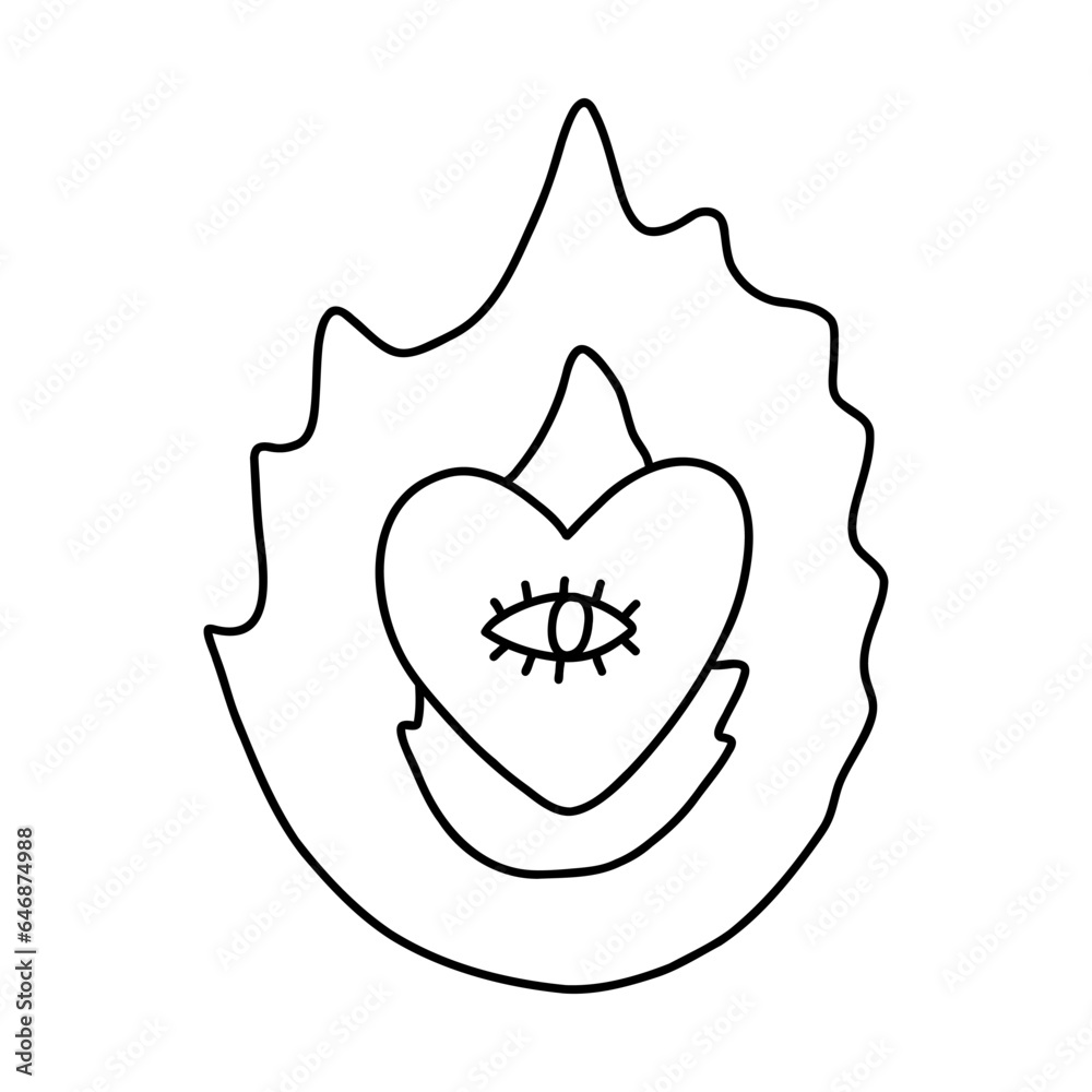 Doodle of psychedelic one-eyed heart in the flame with hand drawn with outline. Aesthetic hippy sticker in retro style of 70s. Burning heart with one eye for media, passion concepts, tattoo design Doodle of psychedelic one-eyed heart in the flame with hand drawn with outline. Aesthetic hippy sticker in retro style of 70s. Burning heart with one eye for media, passion concepts, tattoo design