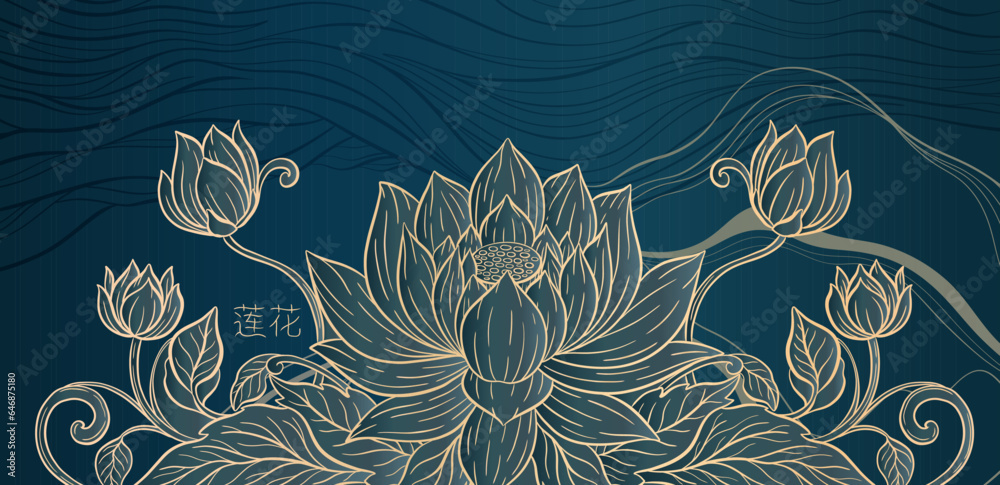 Lotus and leaf sketch with fine graceful lines. Isolated flower on blue background. Vintage etching botanical lotus.