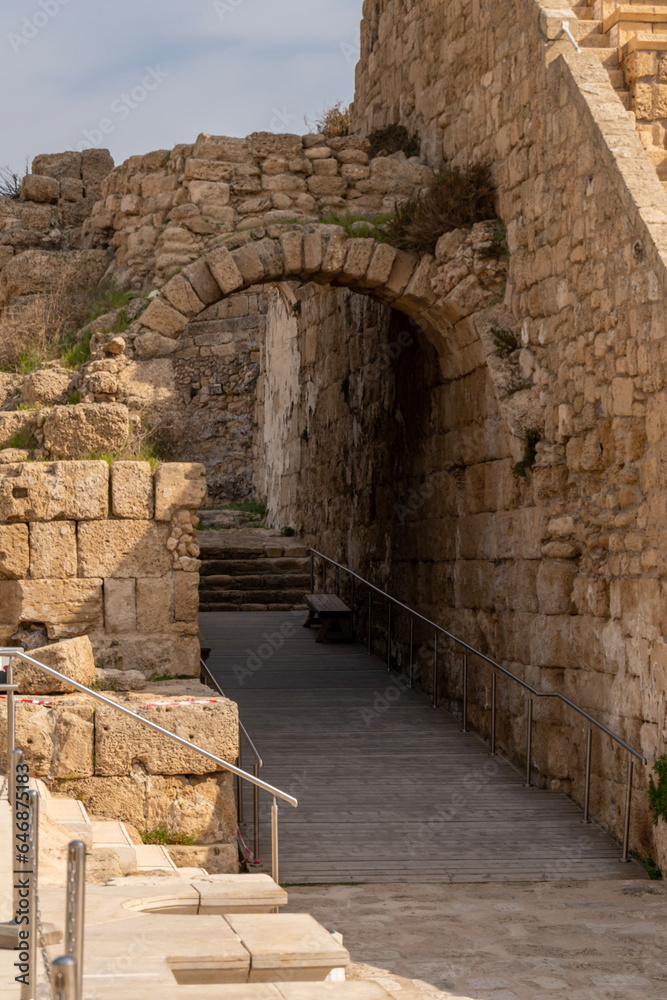Arch entry to the Roman Amphitheater at Caesarea National Park in Caesarea, Israel.
