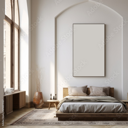Indoor Moorish Style Bedroom with Empty Canvas Frame and Furniture.