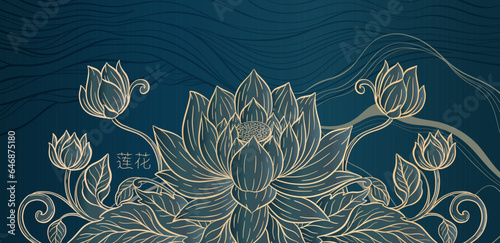 Lotus and leaf sketch with fine graceful lines. Isolated flower on blue background. Vintage etching botanical lotus.