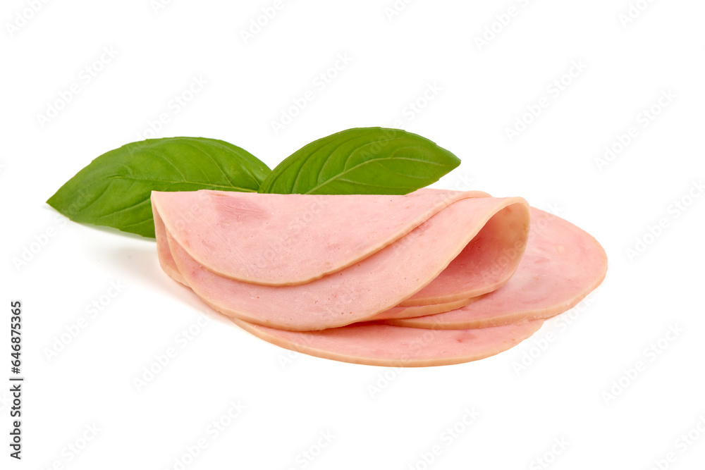 Cooked ham slices, isolated on a white background. Cooked ham slices, isolated on a white background.