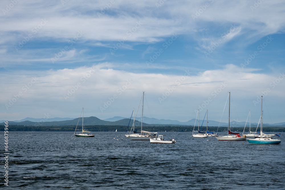 Sailboats at anchor near Chalotte, Vermont on Lake Champlain