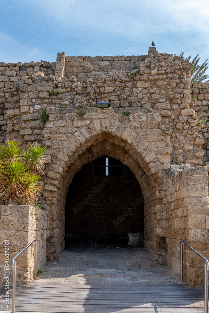 Arched entrance into Caesarea National Park in Caesarea, Israel.
