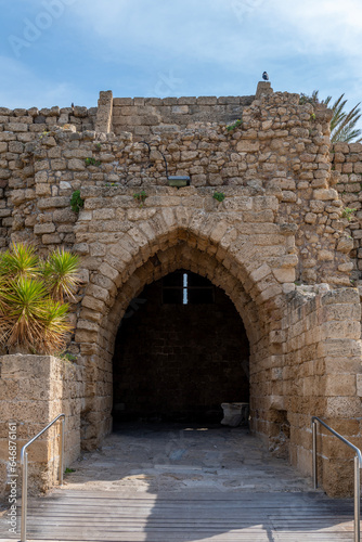 Arched entrance into Caesarea National Park in Caesarea, Israel. 