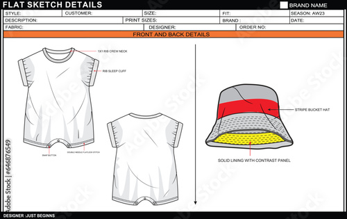  INFANT BODYSUIT WITH BUCKET HAT FLAT SKETCH FASHION TEMPLATE TECHNICAL DRAWING ILLUSTRATION