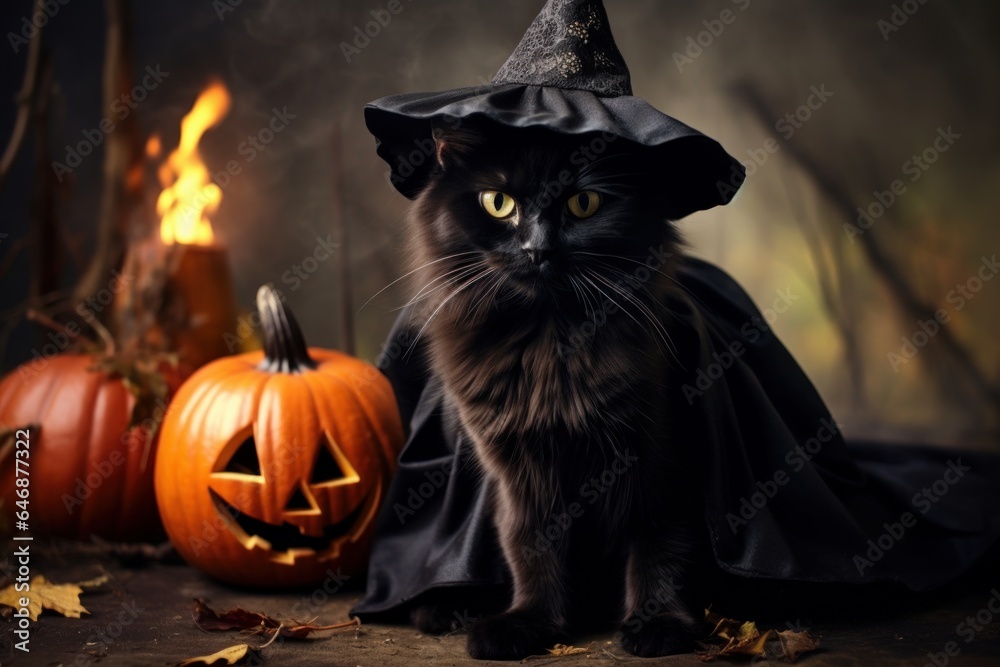 Black cat in a witch hat sitting next to a pumpkin, Halloween concept Black cat in a witch hat sitting next to a pumpkin, Halloween concept