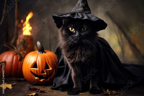 Black cat in a witch hat sitting next to a pumpkin, Halloween concept