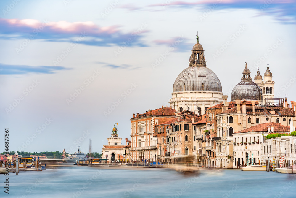 View over the Grand Canal with Basilica di Santa Maria della Salute in Venice. Long exposure photography