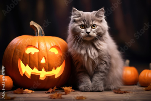 Cute grey cat is sitting near pumpkins, Halloween, thanksgiving concept © happy_finch