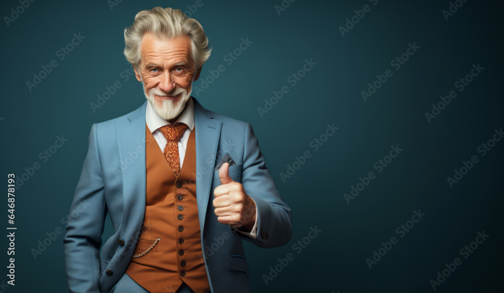 A successful and elegant elder wearing an classy suit, thumb up on an empty dark blue green background. Active lifestyle concept for seniors.