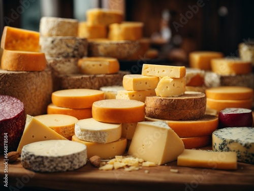 various types of cheese on wooden background