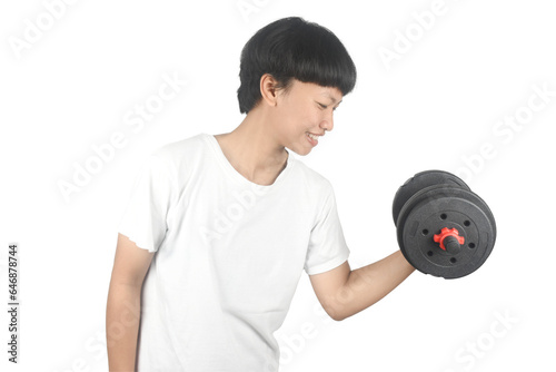 Young woman exercises with dumbbells isolated on grey background. Good shape and health fitness woman weight training standing pose.