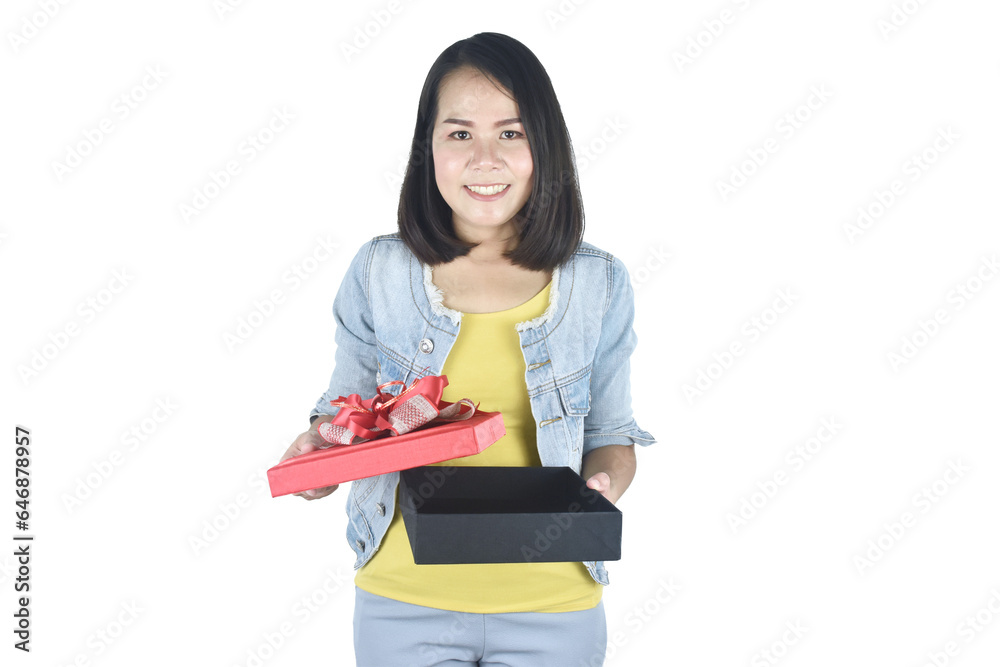 Happy Asian woman smile opening gift box isolated on transparent background. Teenage girls in love, Receiving gifts from lovers, birthday, anniversary. New Year, Christmas and Valentines Day concept. Happy Asian woman smile opening gift box isolated on transparent background. Teenage girls in love, Receiving gifts from lovers, birthday, anniversary. New Year, Christmas and Valentines Day concept.