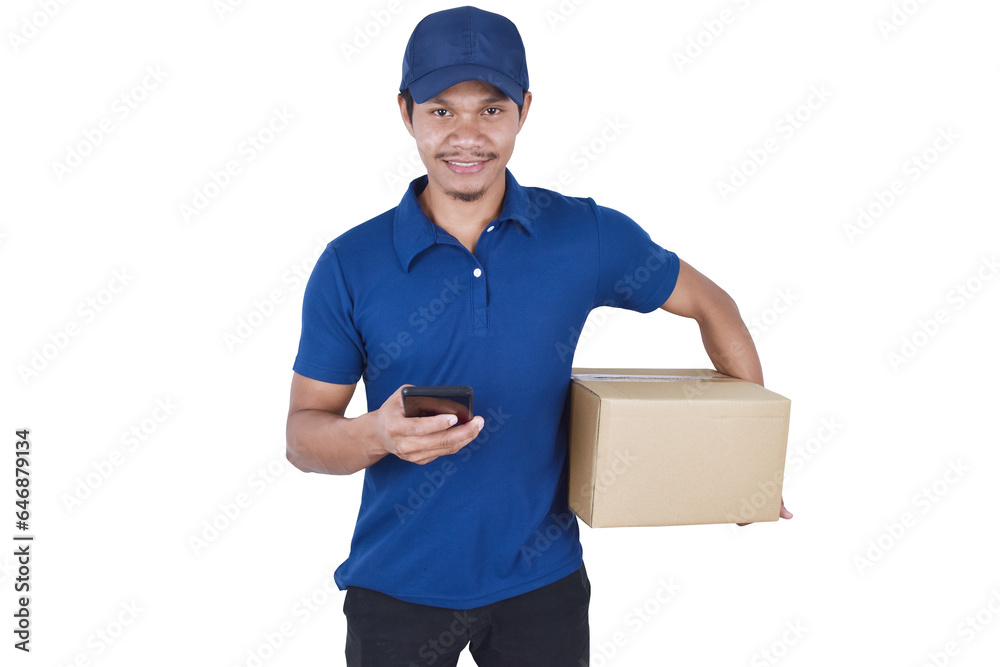 Delivery man holding box and smartphone on transparent background. Delivery man holding box and smartphone on transparent background.
