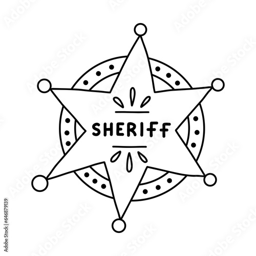Sheriff badge doodle in the star shape with hand drawn outline. Cute hexagonal emblem of western police, sign of law, security, justice. Wild West cowboy symbol with shields isolated on background.