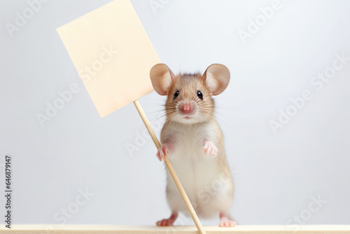 Mouse  holding a blank poster like a protester. Social issues concept. Generative AI © SergeyIT