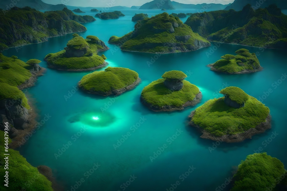 Craft a surreal natural scene with floating islands and bioluminescent flora - AI Generative