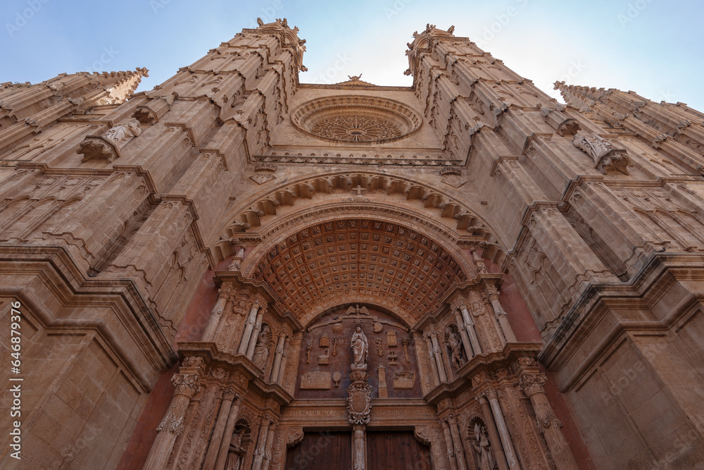 Gothic Cathedral of Mallorca in Plama main entrance front door