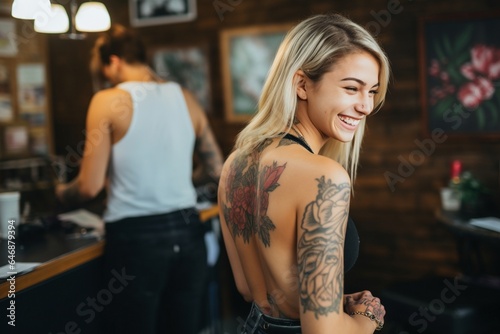 female model shows off tattoo in tattoo studio